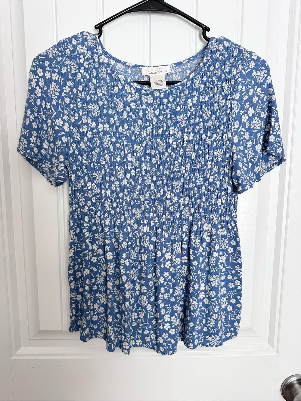 T.J.Maxx Blue and White Floral Smocked Peplum Blouse